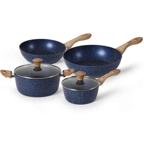 Non-Stick Aluminum Cast Cookware Set (7 Piece) Ceramic Marble coating, Pots,  Pans, Lids (Vented) Cool Handle – PTFE & PFOA Free - Otantik Home USA