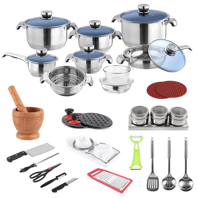 New Arrival 40Pcs Stainless Steel Cookware Set Cooking Pan Set Kitchenware Gift Set With Blue Glass Lid