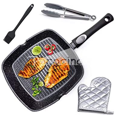 Non-Stick Griddle Pan for All Hobs with Glove & Brush. Aluminium Steak Pan (28cm) Marble Coating & Detachable Handle.